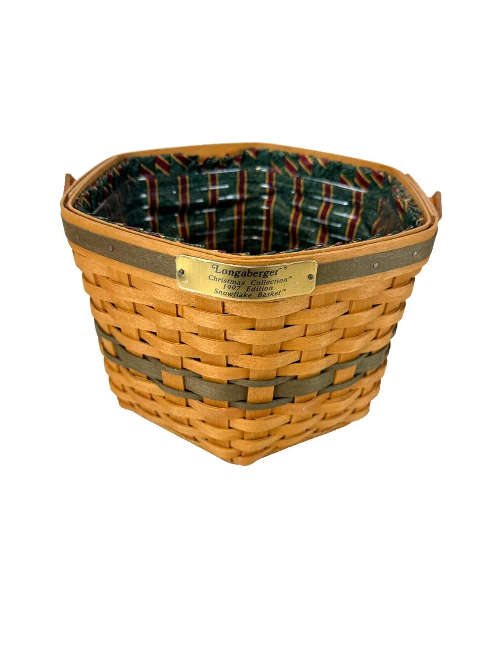 1997 Longaberger Christmas Collection Snowflake Basket w/Plaid Liner & Protector